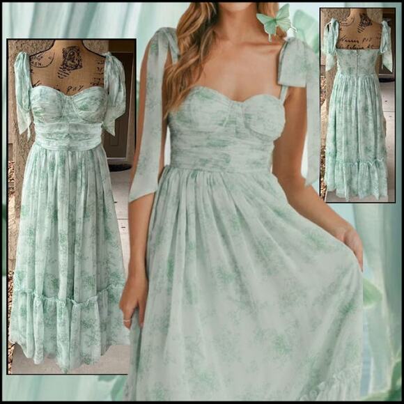 Petal & Pup Dresses & Skirts - Petal and Pup Mable Padded Cups Floret Chiffon Midi Dress Sage Size M